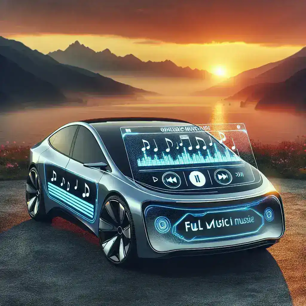 "Tesla mobil modern dengan tampilan layar infotainment menampilkan logo Apple Music, dalam artikel tentang pembaruan terbaru Tesla yang menambahkan integrasi penuh Apple Music."