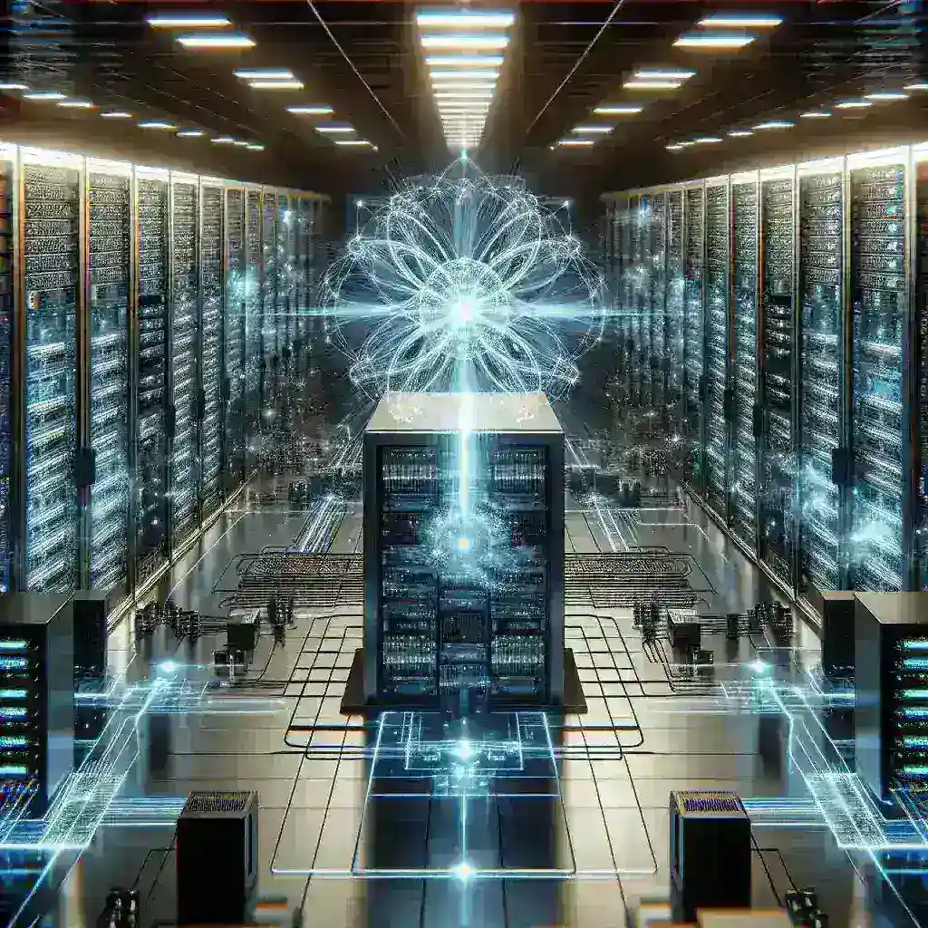 "Ilustrasi sistem operasi Vovea iByond yang digunakan dalam pusat data Quantum AI, menampilkan arsitektur modern dan teknologi canggih untuk meningkatkan efisiensi pengolahan data."