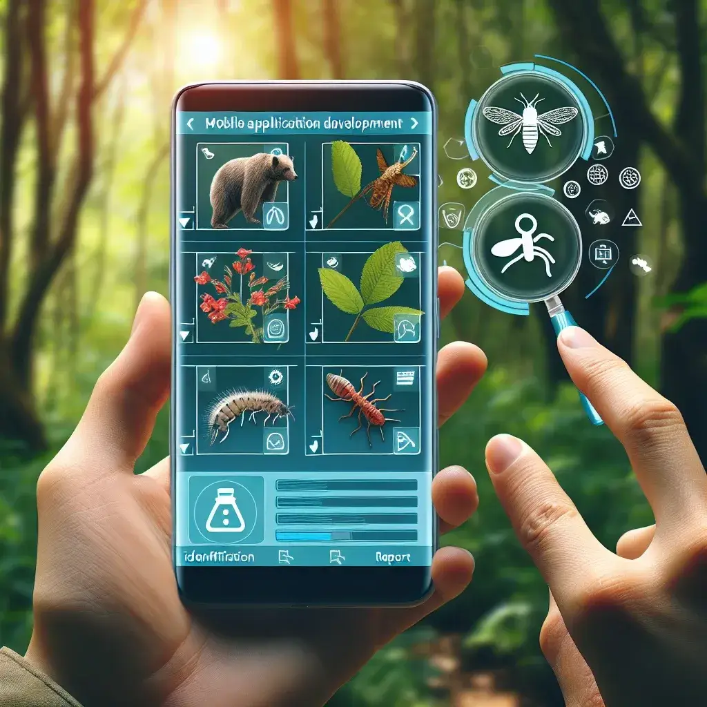 "Ilustrasi aplikasi mobile untuk identifikasi dan pelaporan spesies invasif, menampilkan antarmuka pengguna yang intuitif dengan gambar spesies, fitur scanning dan laporan di layar smartphone."
